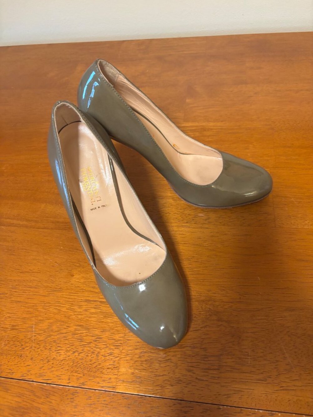 Mercanti Fiorentini Olive Green Patent Leather 4.5" Heels Slip on 8.5 Made Italy